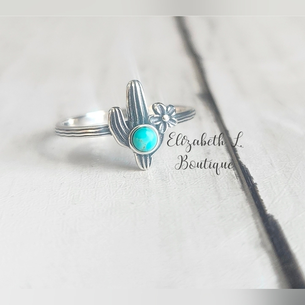 925 Sterling Silver Genuine Turquoise Cactus Design Ring Boutique New!